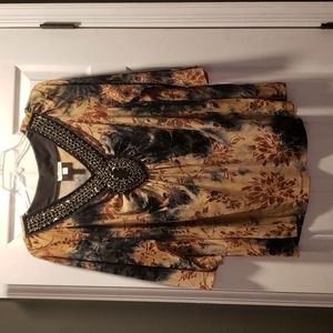 Dressbarn 3x tan, brown, black, embellished v neck 3/4 sleeve stretchy top